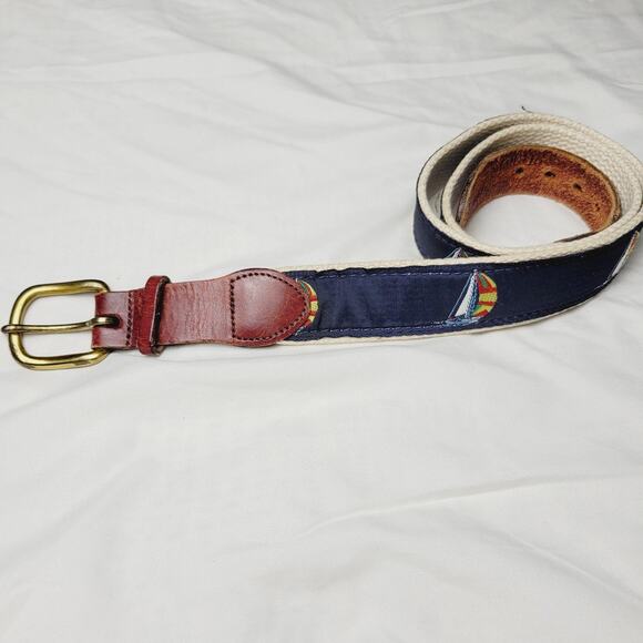 Leather Man Belt 32 Navy Sailboat Nautical Ribbon Canvas Leather Brass Preppy - Picture 1 of 10